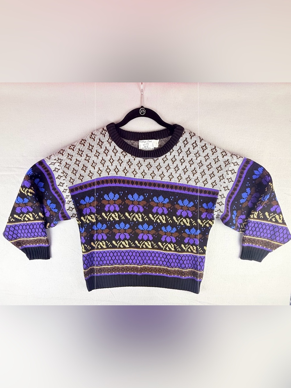 Vintage College Point Womens M Sweater Fair Isle Floral Multicolor Made USA 80’s